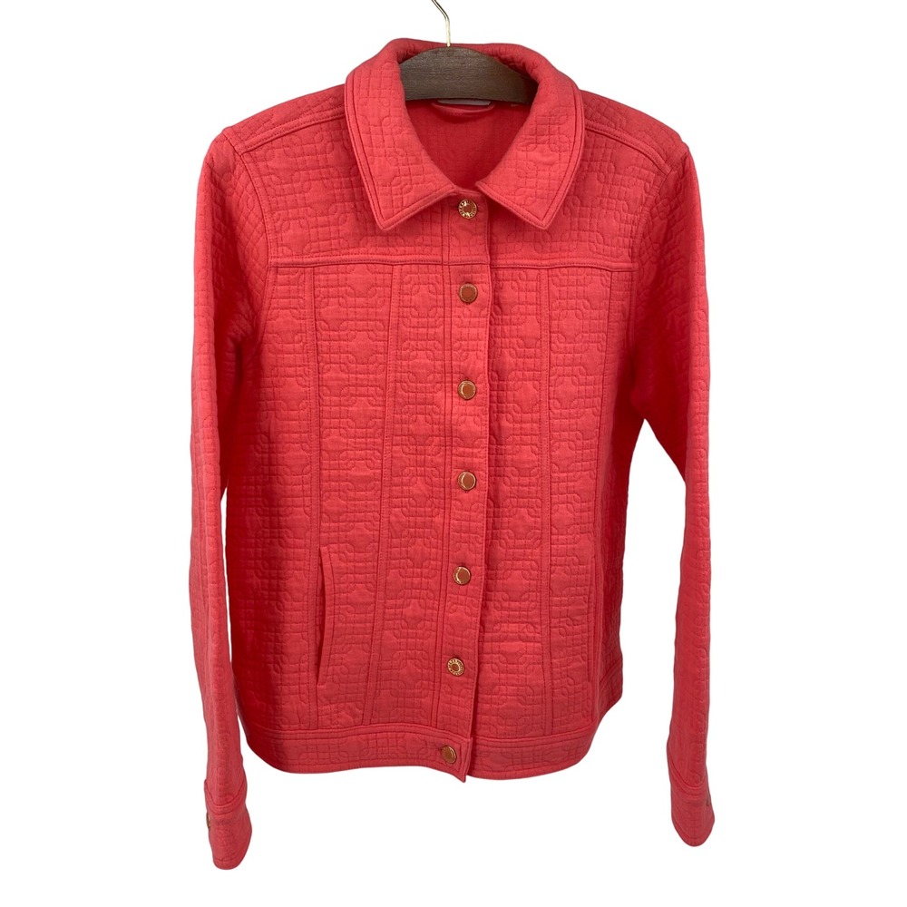 Isaac Mizrahi Live! Women's M Quilted Button Front Jacket Coral Pink‎ Geometric